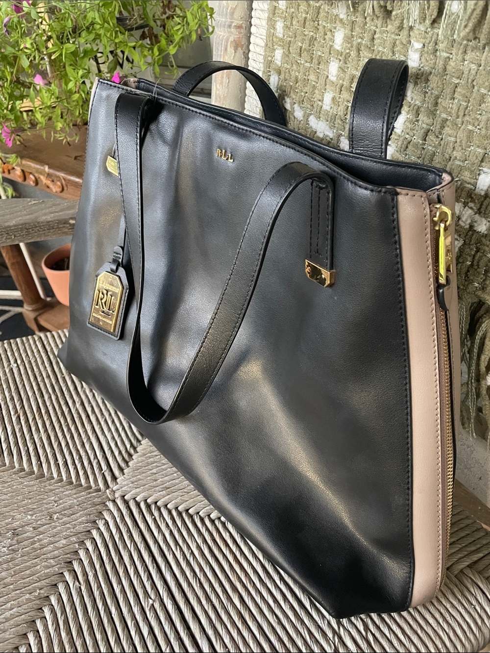 XL Ralph Lauren Black Leather Tote with Beige Side Trim and Gold Hardware